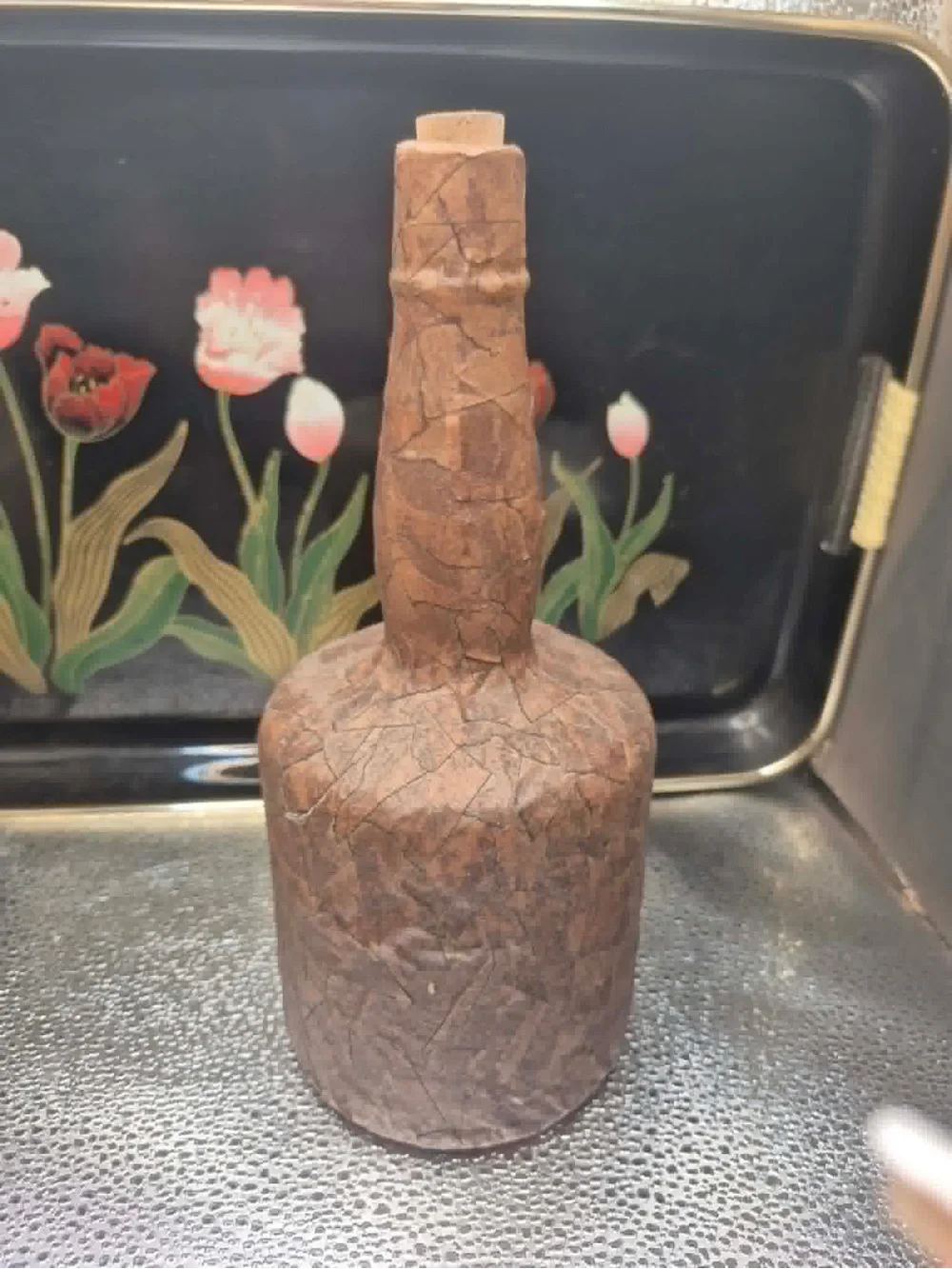RARE Retrò Decoupage Masking Tape Decanter 1960s Midcentury Bohemian Folk art